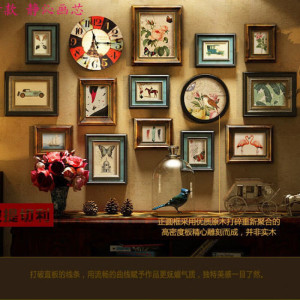 维诺亚美式实木照片墙装饰客厅餐厅复古相框墙打印照片创意个性钟表挂墙