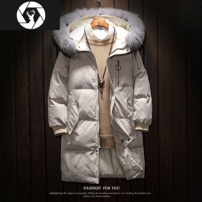 HongZun冬季英文刺绣中长款棉衣男加肥加大码连帽毛领棉服外套宽松潮袄子棉衣