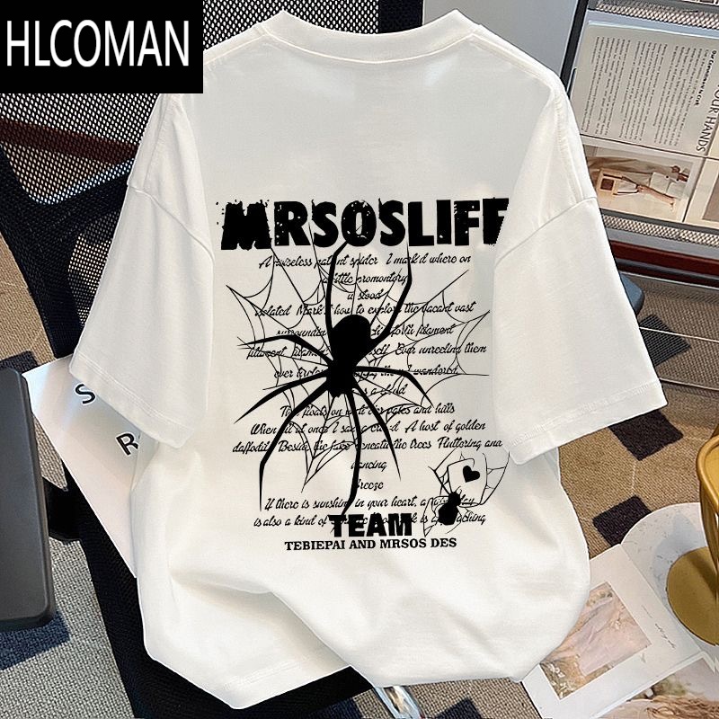 HLCOMAN美式潮牌蜘蛛印花短袖t恤男女款夏季高街情侣半袖宽松衣