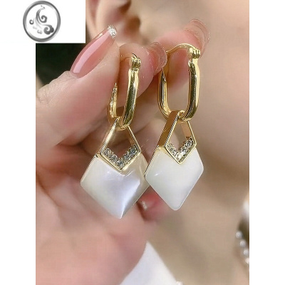 JiMi新款潮气质设计感几何菱形耳环女猫眼石显脸瘦耳扣轻奢高级感耳饰