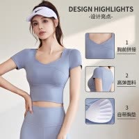 新款速干瑜伽短袖高弹修身免穿文胸跑步瑜伽服T恤