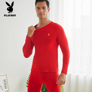 花花公子暖绒鸿运大红男士轻暖内衣套装御寒打底秋冬纯色圆领内搭