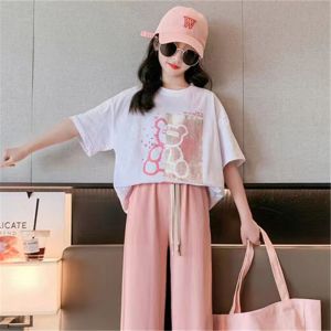 女童装夏装套装中大童洋气网红短袖T恤女孩休闲冰丝阔腿裤两件套