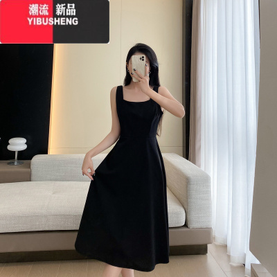 YIBUSHENG法式赫本风吊带连衣裙女2024新款春季大码胖mm收腰显瘦中长款裙子