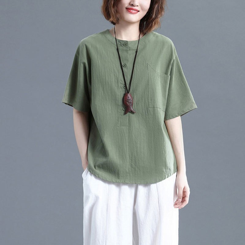 言魅语(meiyanmeiyu)2021夏季新款棉麻套头短袖t恤圆领宽松纯色上衣女