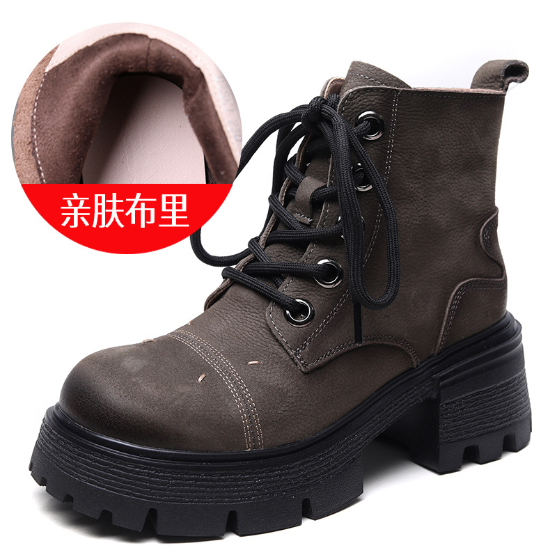头层牛皮复古擦色马丁靴女秋冬新款厚底粗跟圆头百搭真皮短靴