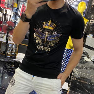 欧洲站夏季新款个性潮流修身蜻蜓烫钻印花玉蚕丝T恤男短袖潮