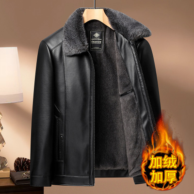 中年爸爸皮衣男翻毛领加绒加厚皮夹克秋冬季中老年保暖冬装外套