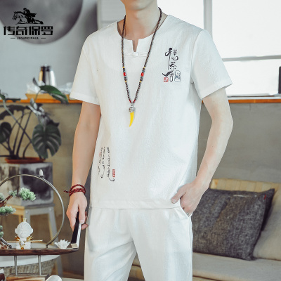 传奇保罗（CHUANQIBAOLUO）夏季亚麻套装男士修身大码长裤唐装中国风t恤古风短袖棉麻两件套