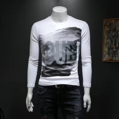 春秋新款长袖T恤男黑色上衣打底衫圆领修身刺绣体恤潮ins男装_1