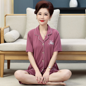 睡衣女夏季宽松棉质短袖七分裤套装中年妈妈休闲家居服大码可外穿