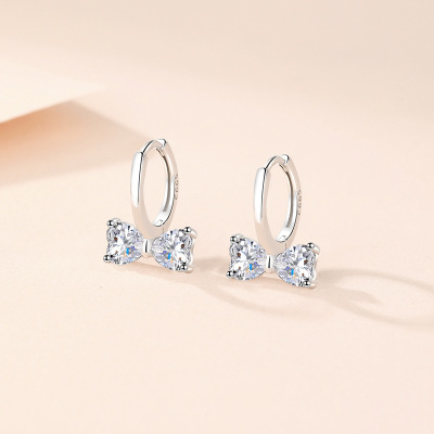 S999足银蝴蝶结耳圈女镶钻时尚气质耳扣2023年新款锆石耳饰品批发送女朋友老婆情人节七夕生日礼物