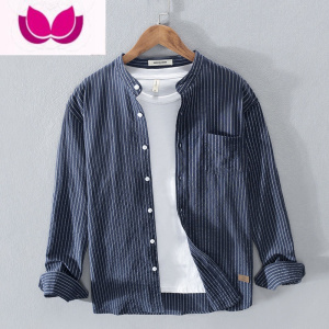 七斓男士条纹衬衫宽松立领透气长袖衬衣短袖百搭日系青年寸衣男