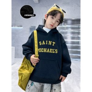 男童连帽加绒卫衣新款秋冬中大儿童保暖上衣冬装一体绒洋气潮
