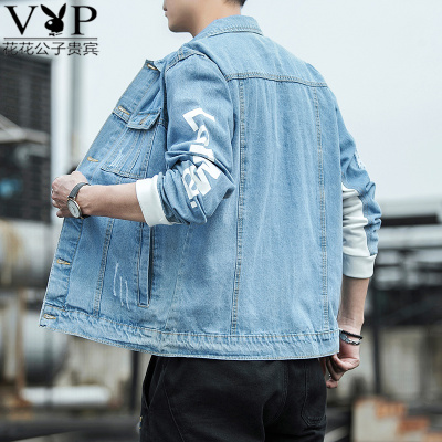 花花公子贵宾新款牛仔衣服外套男2021春季复古做旧夹克男水洗牛仔外套休闲男装上衣服