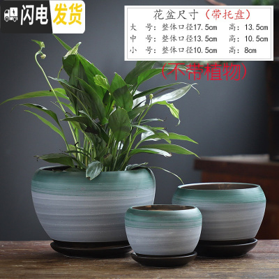 三维工匠花盆陶瓷大号特大家用带托盘创意肉肉绿萝吊兰多肉小花盆 苹果草绿三件套 大花盆容器