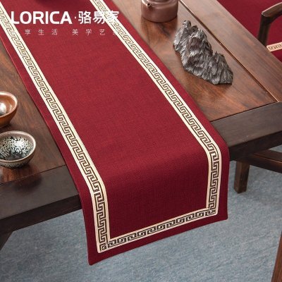 美式桌旗新中式禅意茶旗布现代简约茶几餐桌北欧电视 福延年-红色(平角款) 33*180cm(适用桌长1.3米-1.4米)