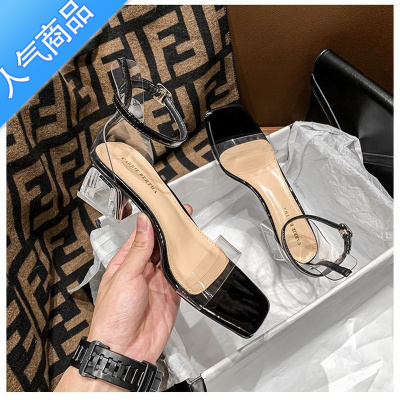 SUNTEK凉鞋女2022年新款夏季时装中跟粗跟软底仙女风一字带透明水晶高跟