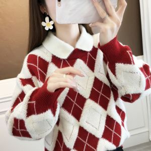 冬季加厚菱形毛衣女紫色秋冬外穿2023新款红色针织宽松打底衫