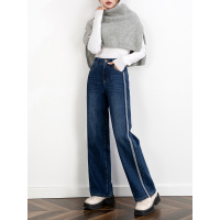 冬季复合加厚牛仔裤女高腰韩版加绒保暖拖地阔腿裤