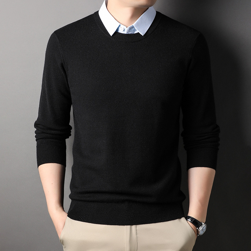 假两件毛衣男士秋冬款纯色百搭衬衫领套头打底针织衫男_126