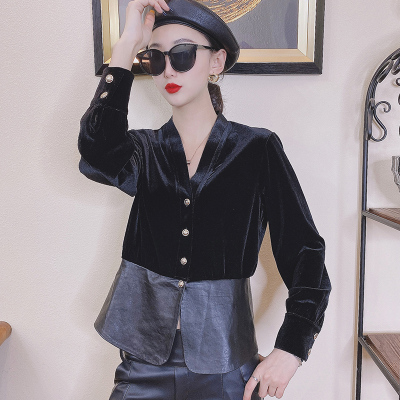 暖青汇长袖衬衫女设计感小众上衣韩版时尚拼接V领打底衫黑色金丝绒上衣