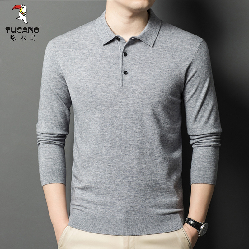 啄木鸟精纺80支羊毛衫春秋新款中年男士毛衣翻领长袖羊绒衫针织衫