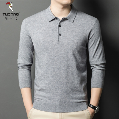 啄木鸟精纺80支羊毛衫春秋新款中年男士毛衣翻领长袖羊绒衫针织衫