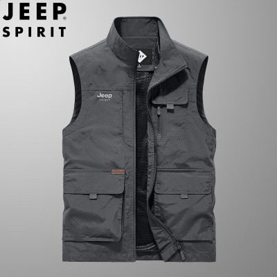 JEEP吉普2024春秋季立领新款网眼多口袋马甲工装户外钓鱼外套