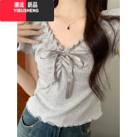 YIBUSHENG小清新v领木耳边正肩短袖t恤女季修身显瘦纯欲风设计感短款上衣