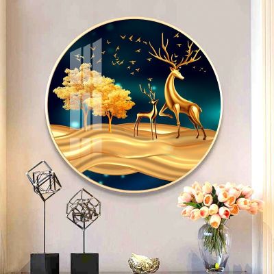 京弗玄关背景墙装饰画轻奢晶瓷画入户进圆形挂画抽象鹿餐厅客厅壁画装饰字画