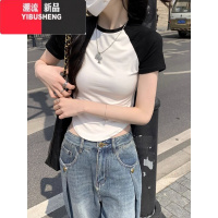 YIBUSHENG黑白拼接撞色t恤女美式辣妹小个子短上衣设计感ins修身正肩短袖