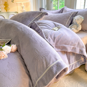 高克重花牛奶绒床上四件套秋冬季防静电双面法兰加绒被套床套件