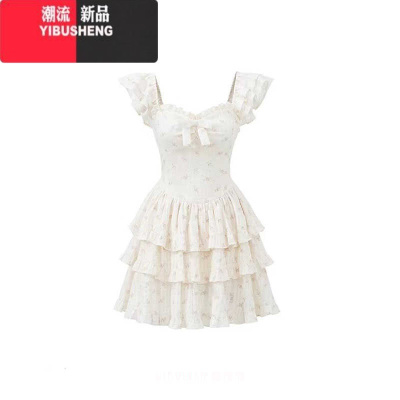 YIBUSHENG芭蕾风小个子碎花连衣裙女季高级感温柔收腰小飞袖蓬蓬蛋糕裙子
