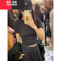 YIBUSHENG灰色正肩T恤女独特褶皱修身短上衣季小众设计感美式辣妹短袖潮