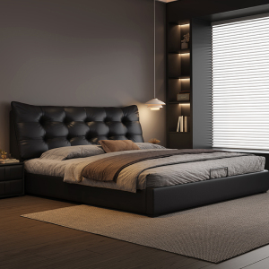 欧梵森 床 意式极简油蜡皮床现代简约1.8米双人床轻奢主卧华夫格大床1.5米家用储物软包婚床皮艺床 单床【多色可选拍下备注】 1.5米*2米框架结构