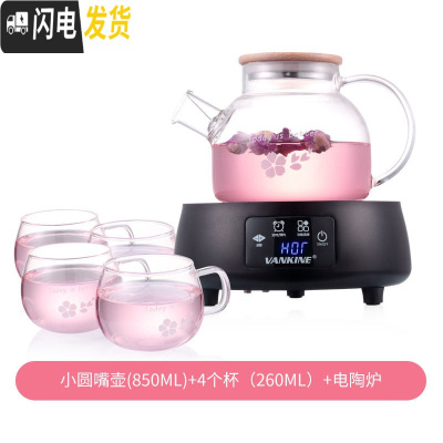 三维工匠茶壶耐热玻璃茶具可高温泡茶壶花茶壶过滤家用烧水壶套装 小圆嘴壶+4杯+电陶炉黑色