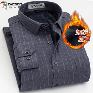 啄木鸟保暖衬衫男加绒加厚2024冬季休闲条纹中年爸爸宽松男士衬衣