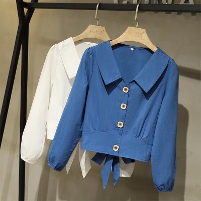 春秋娃娃领衬衫洋气短款高腰上衣女2021流行款设计感小众外穿纤月情