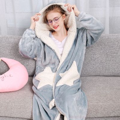 SleepyBear情侣秋冬甜美星月连帽珊瑚绒浴袍法兰绒连帽拉链加厚加长款睡裙