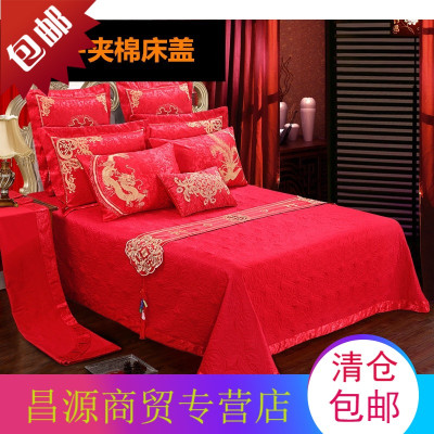 全棉床裙绗缝夹棉床裙加厚床罩床盖婚庆大红色结婚床上用品床单
