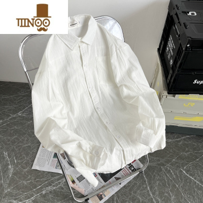 YANXU夏季棉麻衬衫男长袖ins港风日系休闲百搭潮流纯色宽松亚麻上衣潮