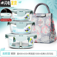 三维工匠上班族可微波炉加热专用玻璃饭盒餐盒便当碗带盖冰箱水果盒 [北欧蓝]圆400+650+两隔圆1000+经典火烈鸟包