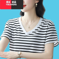 YIBUSHENG条纹V领短袖T恤女2024装新款大码宽松中年妈妈半袖上衣服
