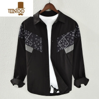 YANXU衬衫男长袖拼色尖领日系休闲衬衣寸设计感印花外搭男士外套