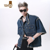 YANXU短袖垫肩牛仔外套男小众设计感 美式复古高街男士痞帅毛边夹克潮