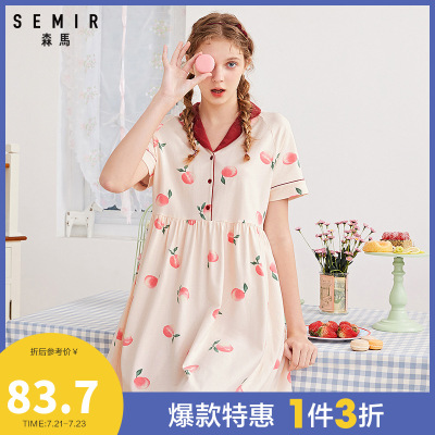 1件3折价：83.7-森马女士睡裙复古可爱水蜜桃印花裙装经典圆角小翻领可外穿家居裙