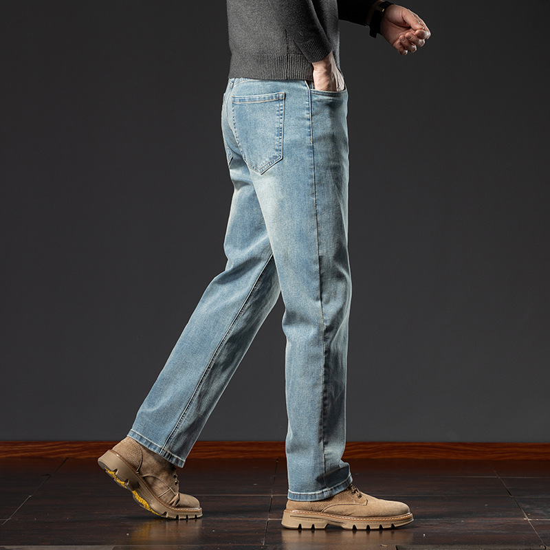 秋冬款中年男士牛仔裤宽松直筒高腰弹力水洗复古百搭浅色爸爸裤厚