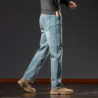 秋冬款中年男士牛仔裤宽松直筒高腰弹力水洗复古百搭浅色爸爸裤厚