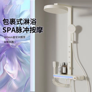 送安装汉德斯科淋浴花洒套装冷热恒温沐浴器贴墙圆形高端全铜空气增压家用浴室淋雨喷头调温大置物主体HS1855